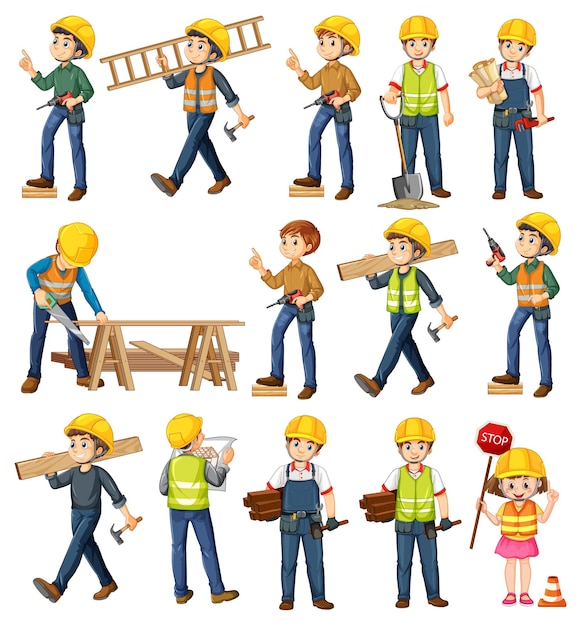 Conjunto de objetos y trabajadores del sitio de construcción