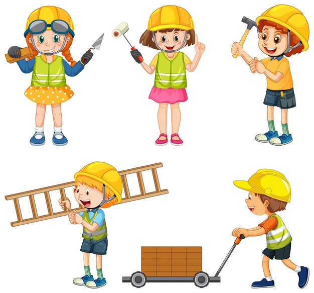 Conjunto de objetos y trabajadores del sitio de construcción