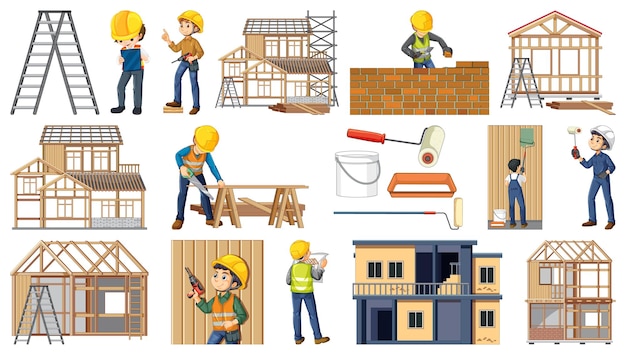 Conjunto de objetos y trabajadores del sitio de construcción