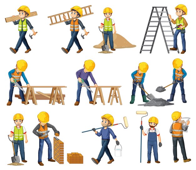 Conjunto de objetos y trabajadores del sitio de construcción