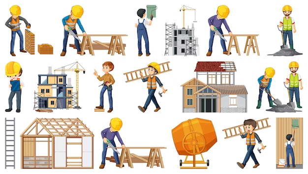 Conjunto de objetos y trabajadores del sitio de construcción