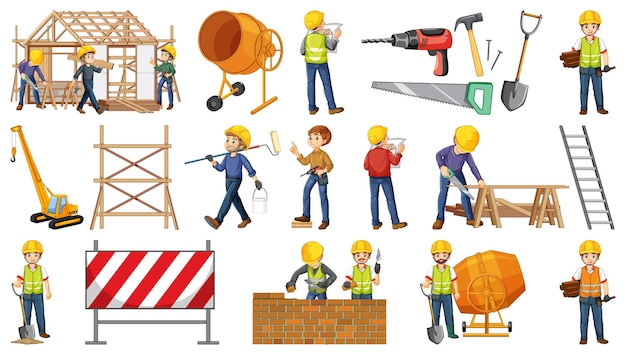 Conjunto de objetos y trabajadores del sitio de construcción