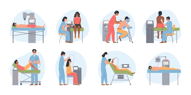 Conjunto con ocho composiciones planas de terapia láser redonda aislada de médicos de aparatos médicos y personajes de pacientes ilustración vectorial