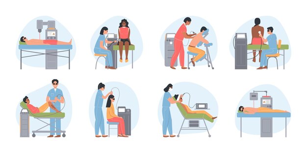 Conjunto con ocho composiciones planas de terapia láser redonda aislada de médicos de aparatos médicos y personajes de pacientes ilustración vectorial