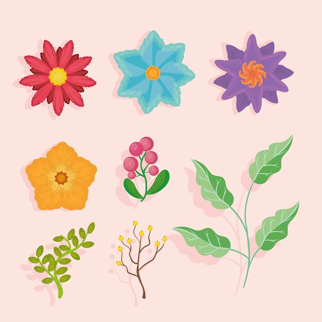 conjunto de ocho flores y plantas