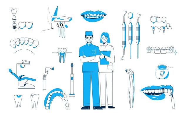 Conjunto de odontología con íconos planos aislados de dientes sanos y dañados con personajes de médicos dentales ilustraciones vectoriales