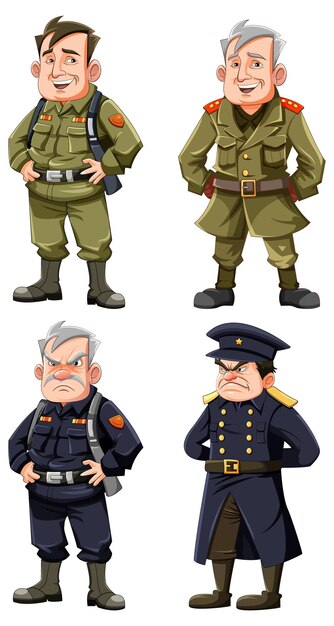 conjunto, de, oficial del ejército, caricatura