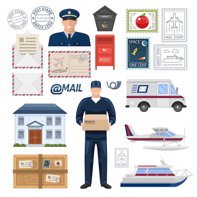 Vector gratuito conjunto de la oficina de correos con empleados construyendo impresión y sellos postales paquete de transporte y letras ilustración vectorial aislado