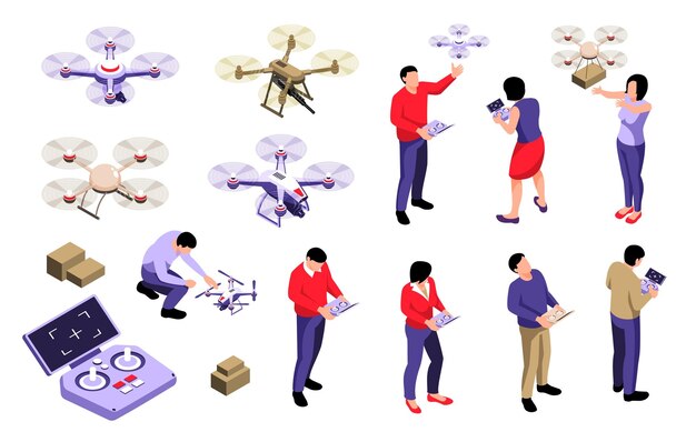 Conjunto de operadores de drones isométricos de personajes humanos aislados con dispositivos remotos y drones quadcopter con joysticks ilustración vectorial