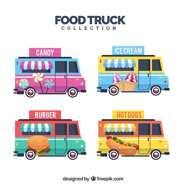 Vector gratuito conjunto original de food trucks coloridos