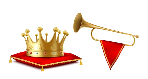 Conjunto de oro de la fanfarria de la corona y del cobre aislado en el fondo blanco.