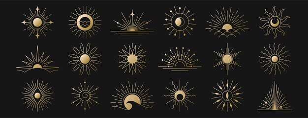 Conjunto de oro lineal boho amanecer logotipo puesta de sol iconos haz de luz o rayos de sol de la mañana dibujado a mano