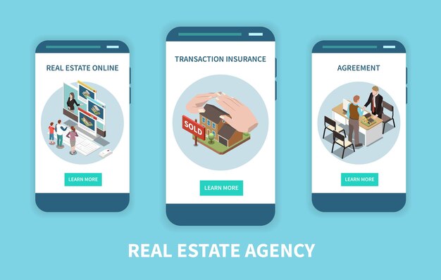 Conjunto de páginas web móviles isométricas de agencia inmobiliaria