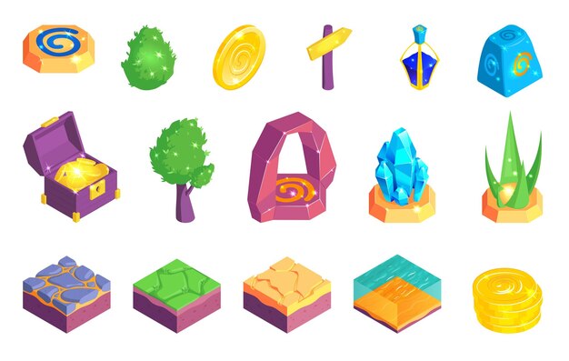 Conjunto de paisaje de juego isométrico de iconos de tesoros aislados e imágenes de elementos de rompecabezas de superficie en la ilustración de vector de fondo en blanco