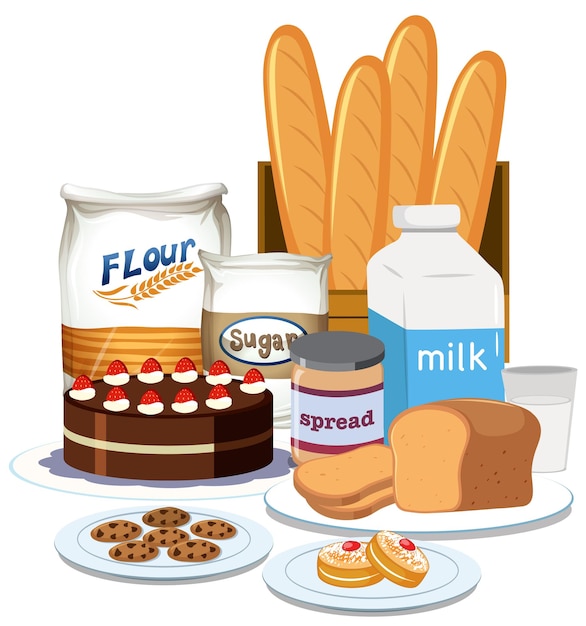 Conjunto de pan y leche de panadería