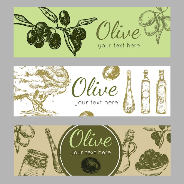 Vector gratuito conjunto de pancartas de aceite de oliva dibujado a mano