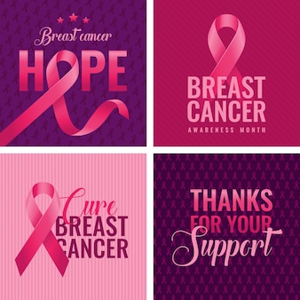 Conjunto de pancartas de concientización sobre el cáncer de mama con cintas rosas