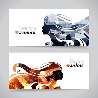 Conjunto de pancartas con fragmentos de revistas collage siluetas de chicas hermosas ilustración vectorial de pintura diseño de salón de belleza de mujer