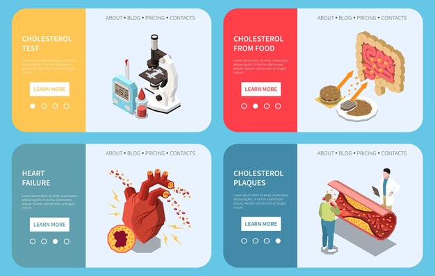 Conjunto de pancartas isométricas de colesterol con símbolos de problemas cardíacos y vasculares ilustración vectorial aislada