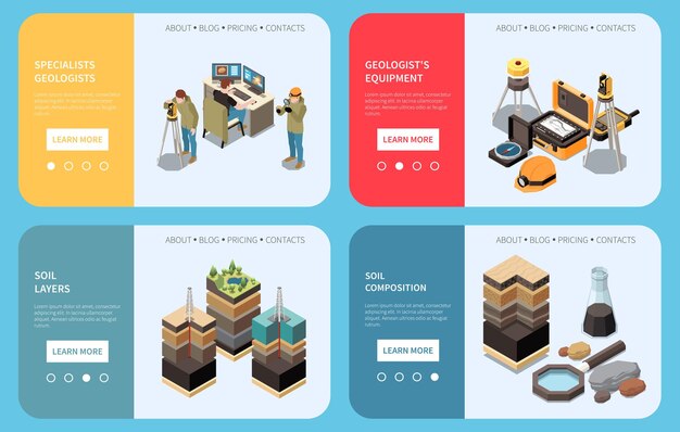 Conjunto de pancartas isométricas de exploración de la tierra de geología especialistas geólogos capas y composición del suelo y titulares de equipos de geólogos ilustración vectorial