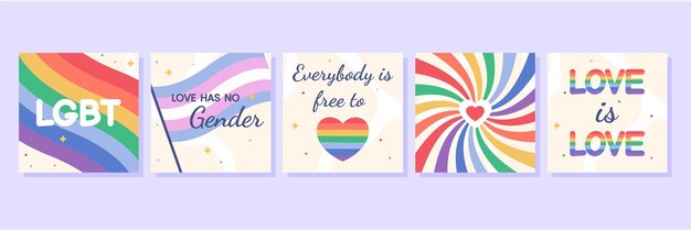 Conjunto de pancartas planas con bandera arcoíris LGBT y corazón