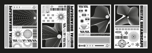 Conjunto de pancartas techno retro futuristas