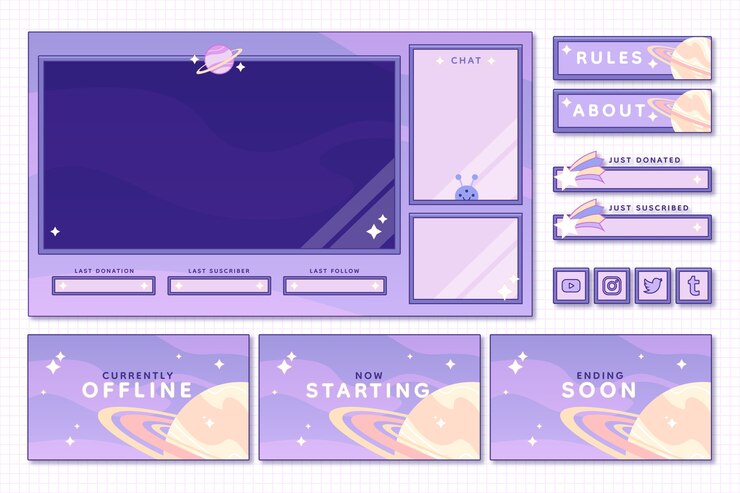 Vector gratuito conjunto de paneles de plataforma twitch de diseño plano