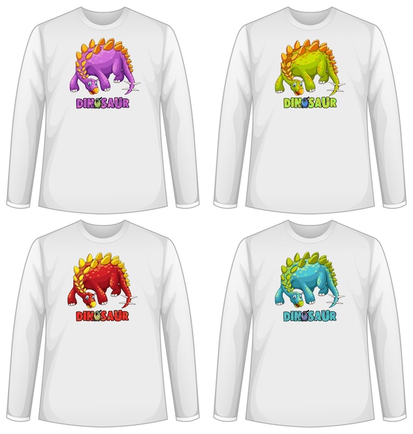 Vector gratuito conjunto de pantalla de dinosaurio de diferentes colores en camiseta de manga larga