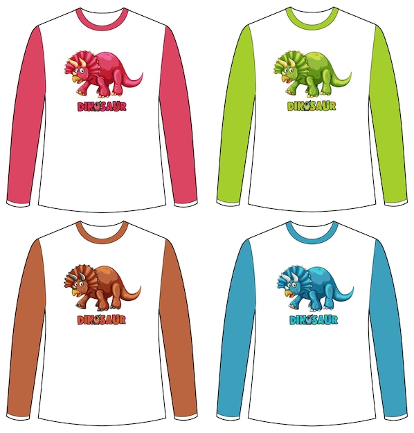 Conjunto de pantalla de dinosaurio de diferentes colores en camiseta de manga larga