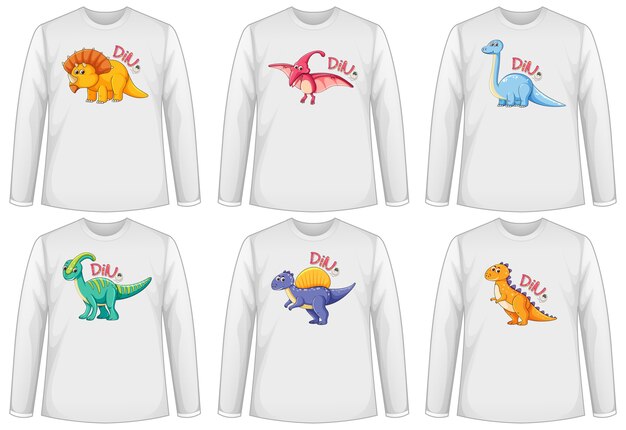 Conjunto de pantalla de dinosaurio de diferentes colores en camiseta de manga larga