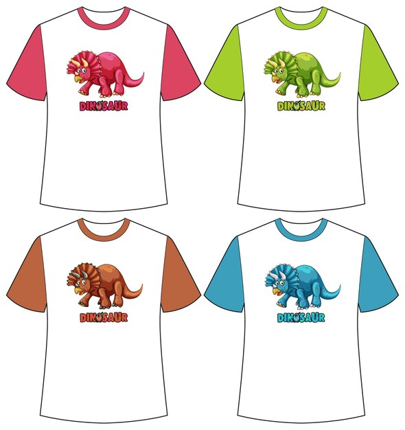 Conjunto de pantalla de dinosaurio de diferentes colores en camisetas.