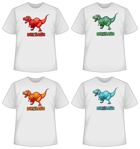 Conjunto de pantalla de dinosaurio de diferentes colores en camisetas.