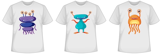 Vector gratuito conjunto de pantalla de monstruos lindos o extraterrestres de diferentes colores en camisetas