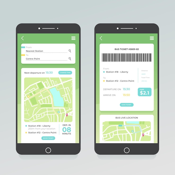 Vector gratuito conjunto de pantallas de aplicaciones de transporte público.