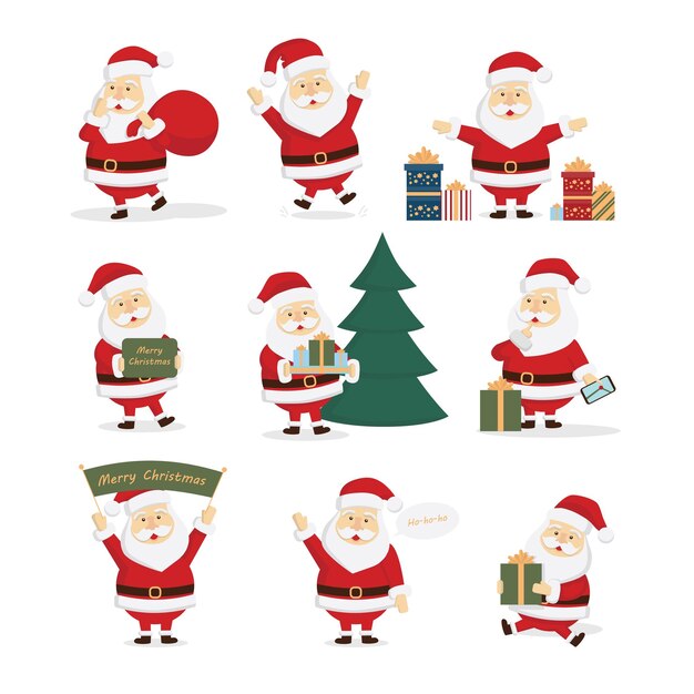 Conjunto de Papá Noel Feliz Papá Noel sonriente con regalos árbol de Navidad y letreros de feliz Navidad Arte para la decoración