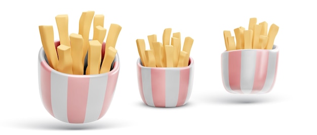 Conjunto de papas fritas realistas 3d en paquete en diferentes posiciones aisladas sobre fondo blanco Ilustración vectorial