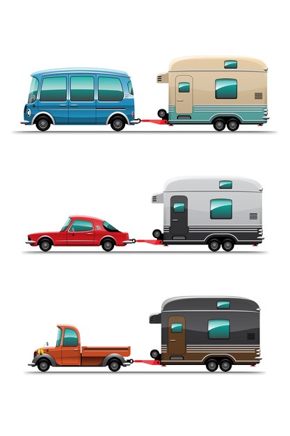 Conjunto de paquete de remolques de camping, casas móviles de viaje o ilustración de fondo blanco de caravana