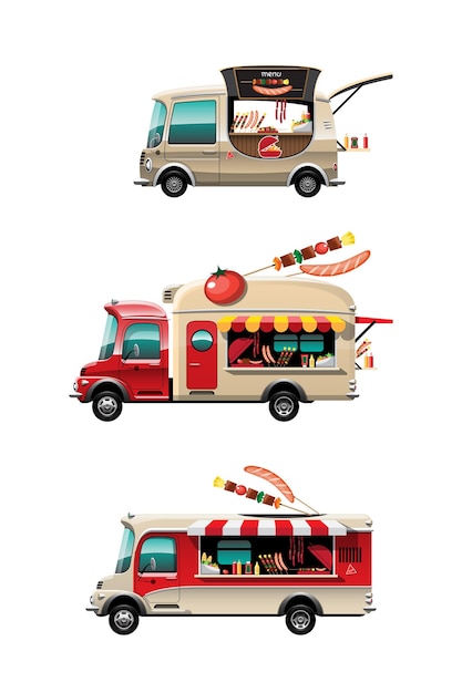 Conjunto de paquete de la vista lateral del camión de comida con barra de barbacoa, Bar-BQ y modelo en la parte superior del coche, sobre fondo blanco, ilustración