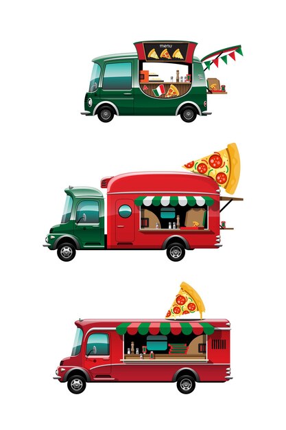 Conjunto de paquete de la vista lateral del camión de comida con mostrador de pizza, pizza y modelo en la parte superior del coche, sobre fondo blanco, ilustración