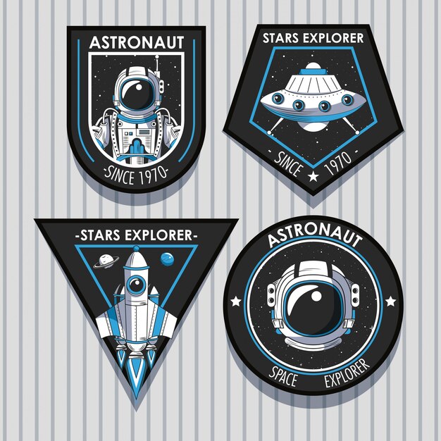 Conjunto de parches del explorador espacial de diseño de emblemas.