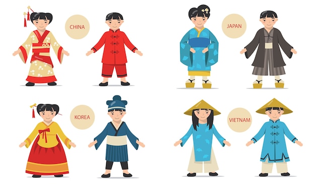  Conjunto de parejas asiáticas tradicionales. dibujos animados de hombres y mujeres chinos, japoneses, coreanos, vietnamitas con trajes nacionales, kimonos y sombreros.