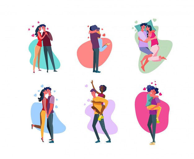 Conjunto de parejas cariñosas abrazadas en el amor