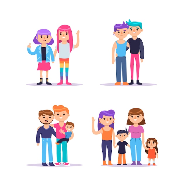 Vector gratuito conjunto de parejas y familias celebrando el orgullo juntos