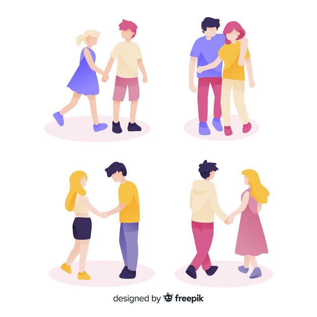 Conjunto de parejas jóvenes caminando