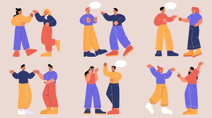 Vector gratuito conjunto de parejas pelean conflictos de personajes enojados