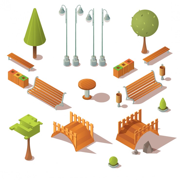 Vector gratuito conjunto de parque isométrico bancos, arboles, puentes de madera