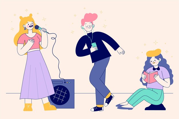 Conjunto de pasatiempos de personas planas dibujadas a mano