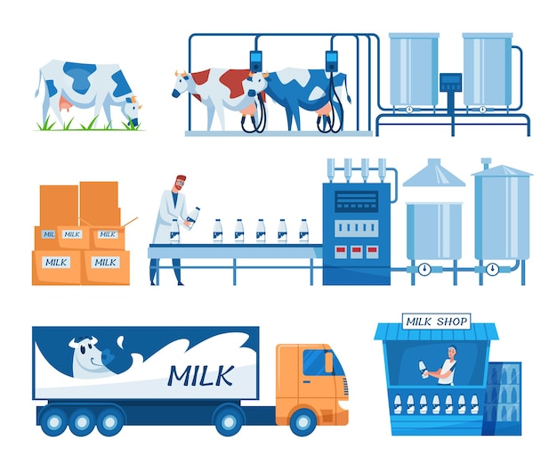 Conjunto de pasos de producción de leche. Ilustración de dibujos animados