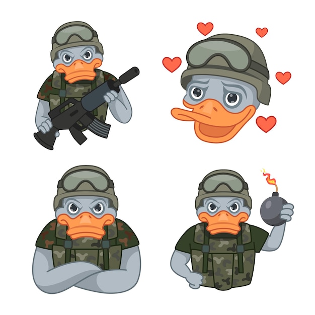 Vector gratuito conjunto de patos soldados dibujados a mano sosteniendo un rifle de francotirador sintiendo amor cruzando los brazos sosteniendo una bomba