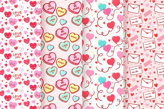 Conjunto de patrón de día de san valentín encantador plano